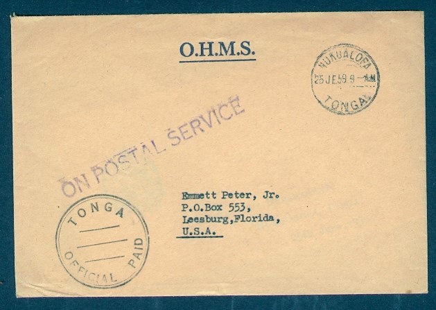 TONGA 1959 OHMS STAMPLESS TO USA