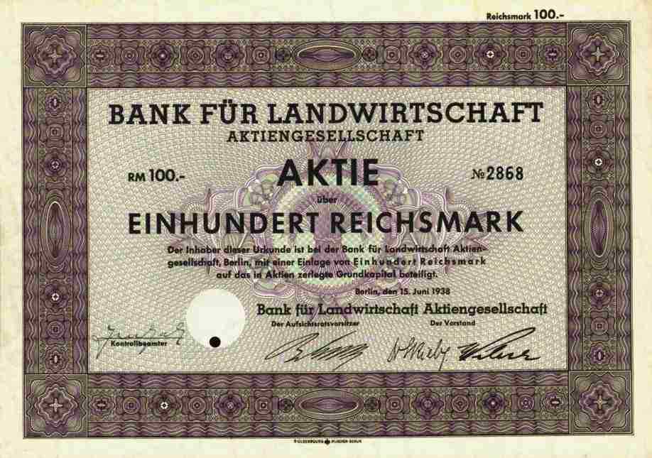 Bank for Agriculture 1938 Berlin Ummendorf Eilsleben Cologne 100 M ABN AMRO Bank