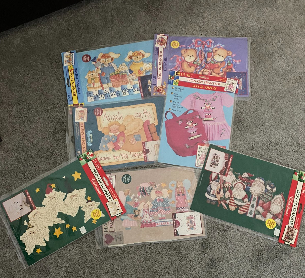 7  Vtg Lot of 1990s Plaid Large Iron-On Transfers Christmas-Bears-Bunny-Cow-Etc.