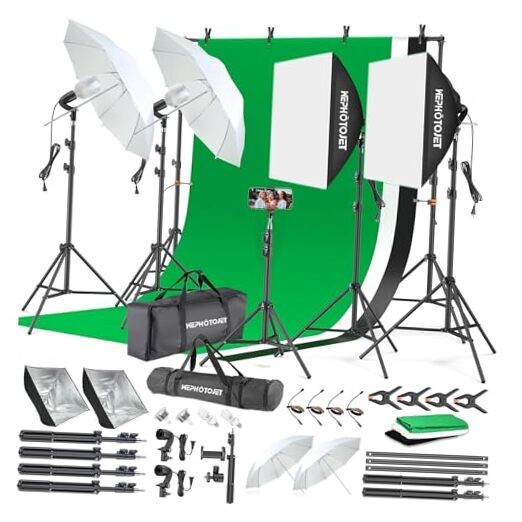 Photography Softboxes Kit with 6.6x10ft Backdrop Stands, 5 Tripod Stands, 3 