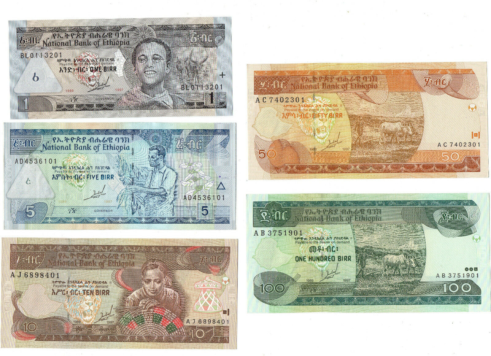 FIRST FDRE BANK NOTES [1BIRR, 5BIRR, 10BIRR, 50BIRR &100 BIRR] 1992EC / 2000GC.