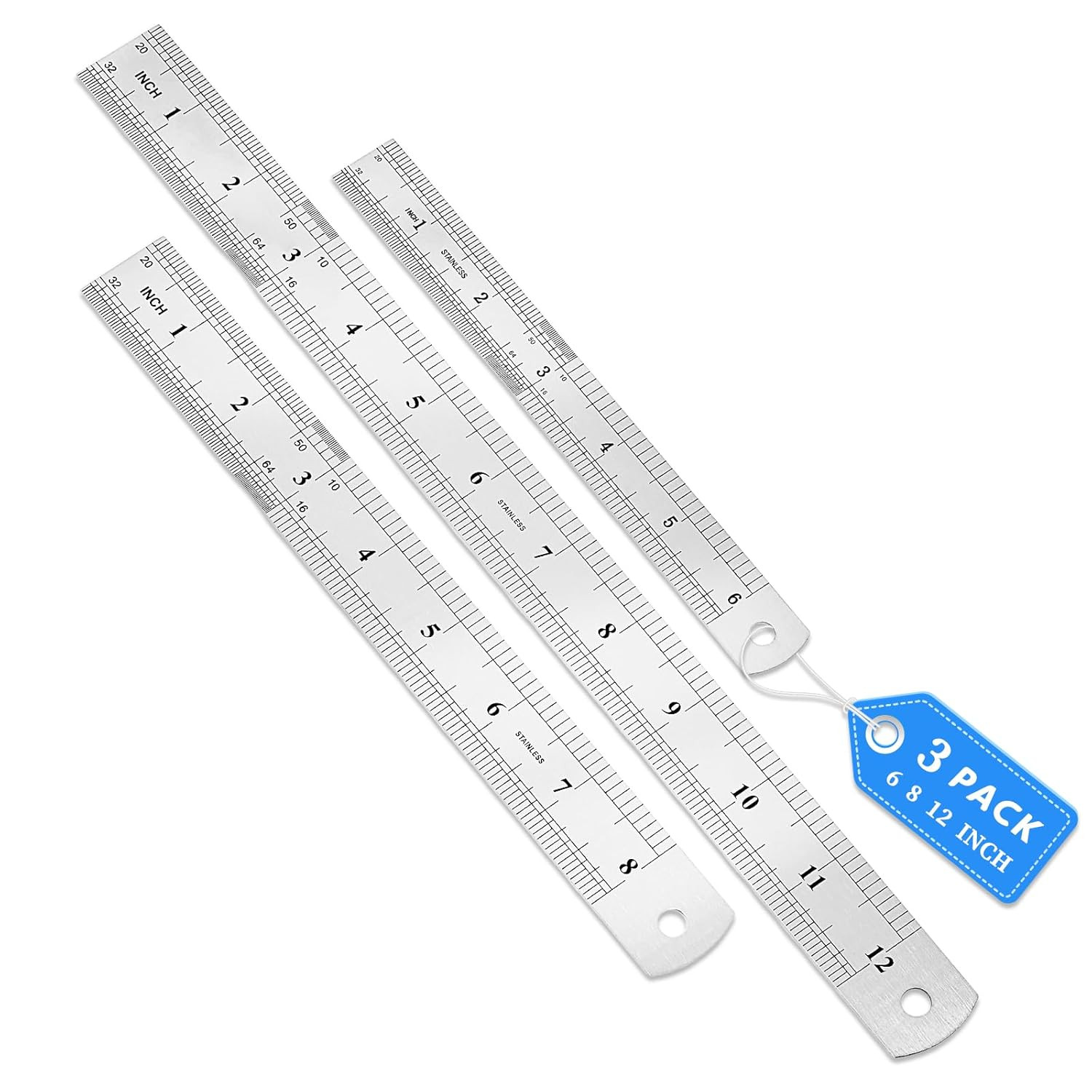 3 Pack Stainless Steel Ruler Set, 6, 8, 12 Inch Metal Rulers, Steel Rulers Metri
