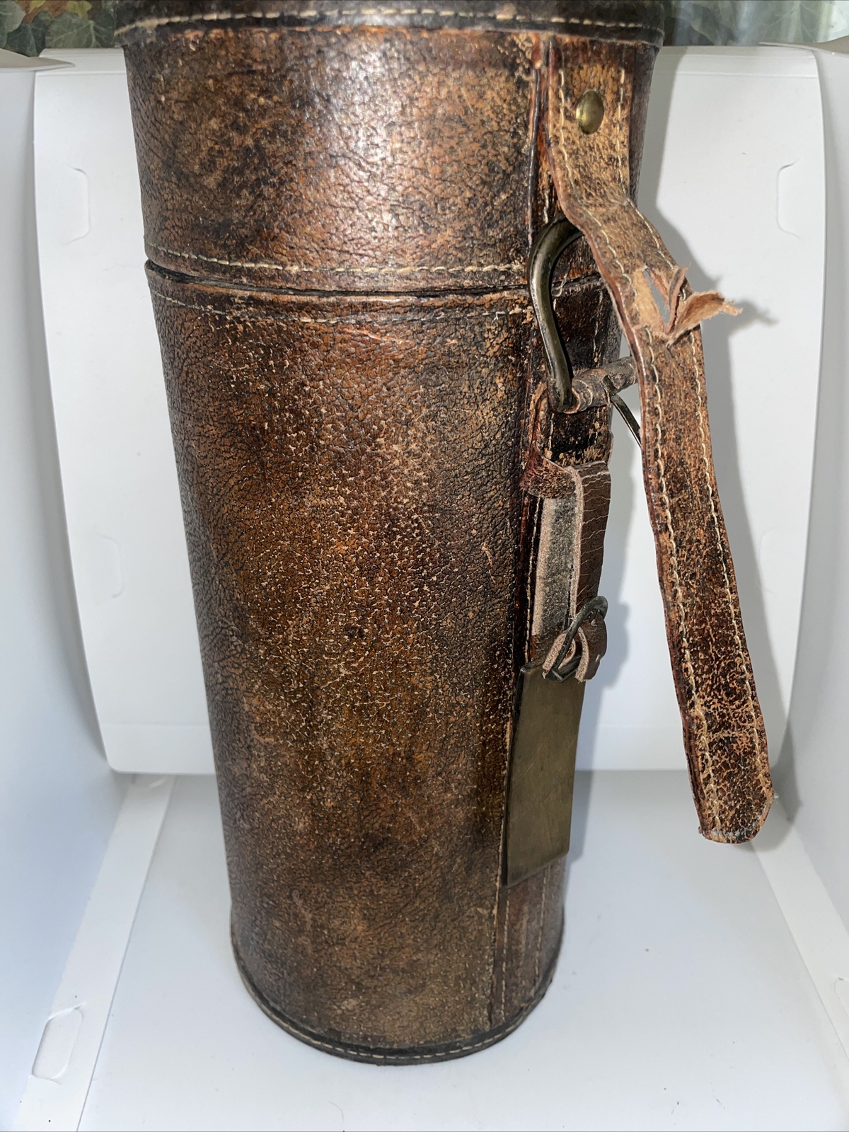 Antique Leather Bottle Holder Cylinder Tube Strap buckle and Tag