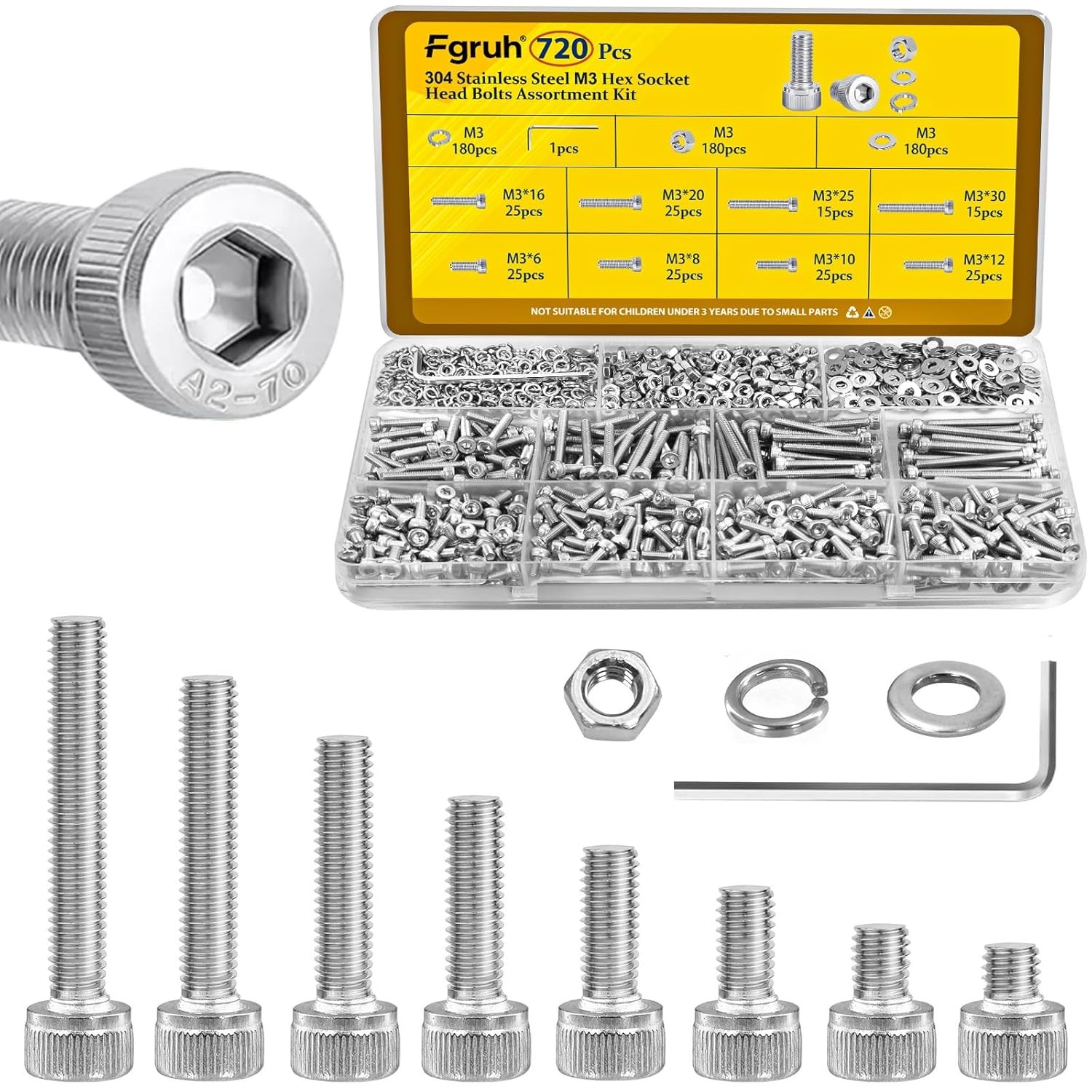 720Pcs M3 Screws Assortment Kit, Hex Socket Head Cap Bolts, Nuts & Washers Assor