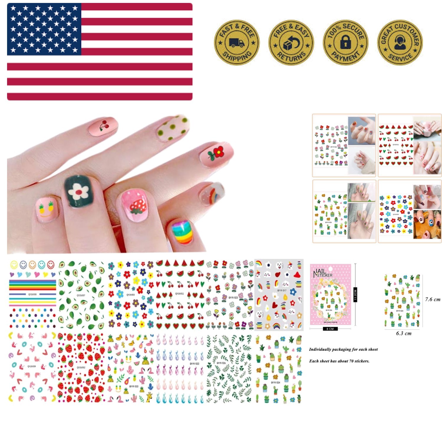 Nail Stickers for Women and Little Girls - 12 Sheets 3D Self-Adhesive DIY Nai...
