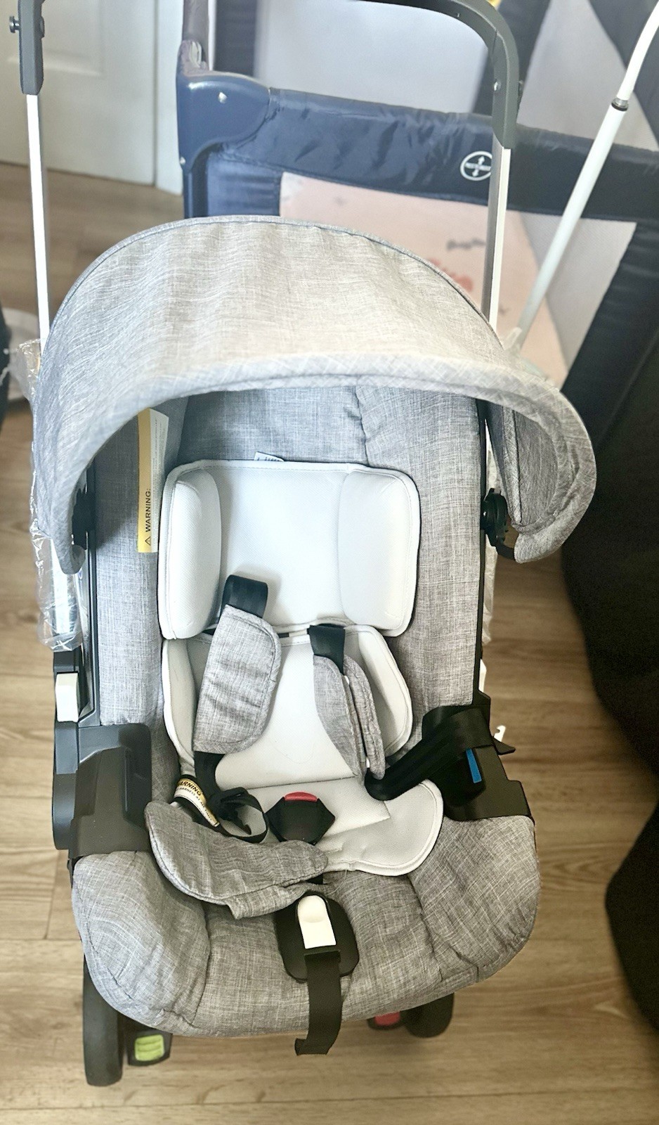 Gray Stroller Seat with Adjustable Canopy, Safety Harness, Basket, Single