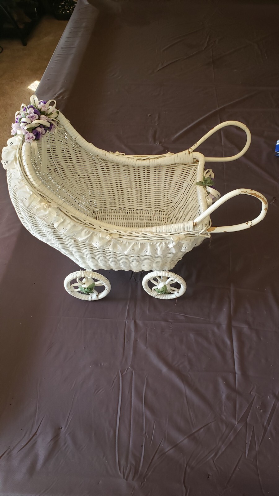 Vintage White Wicker Rattan Baby Doll Hooded Stroller Buggy Carriage Pram