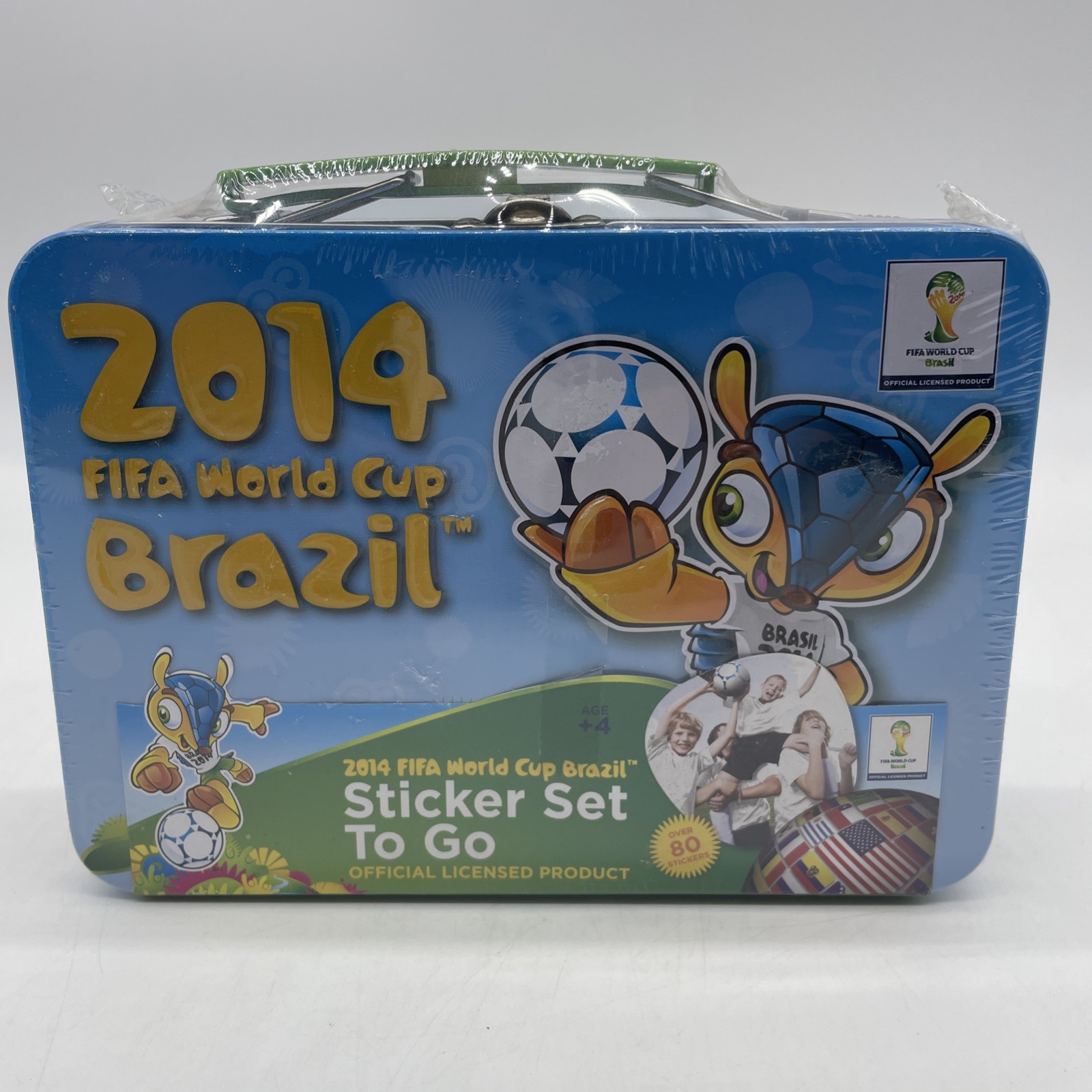 SOCCER. 2014 FIFA World Cup Brazil Sealed Tin Box.with 80 Logo Stickers.