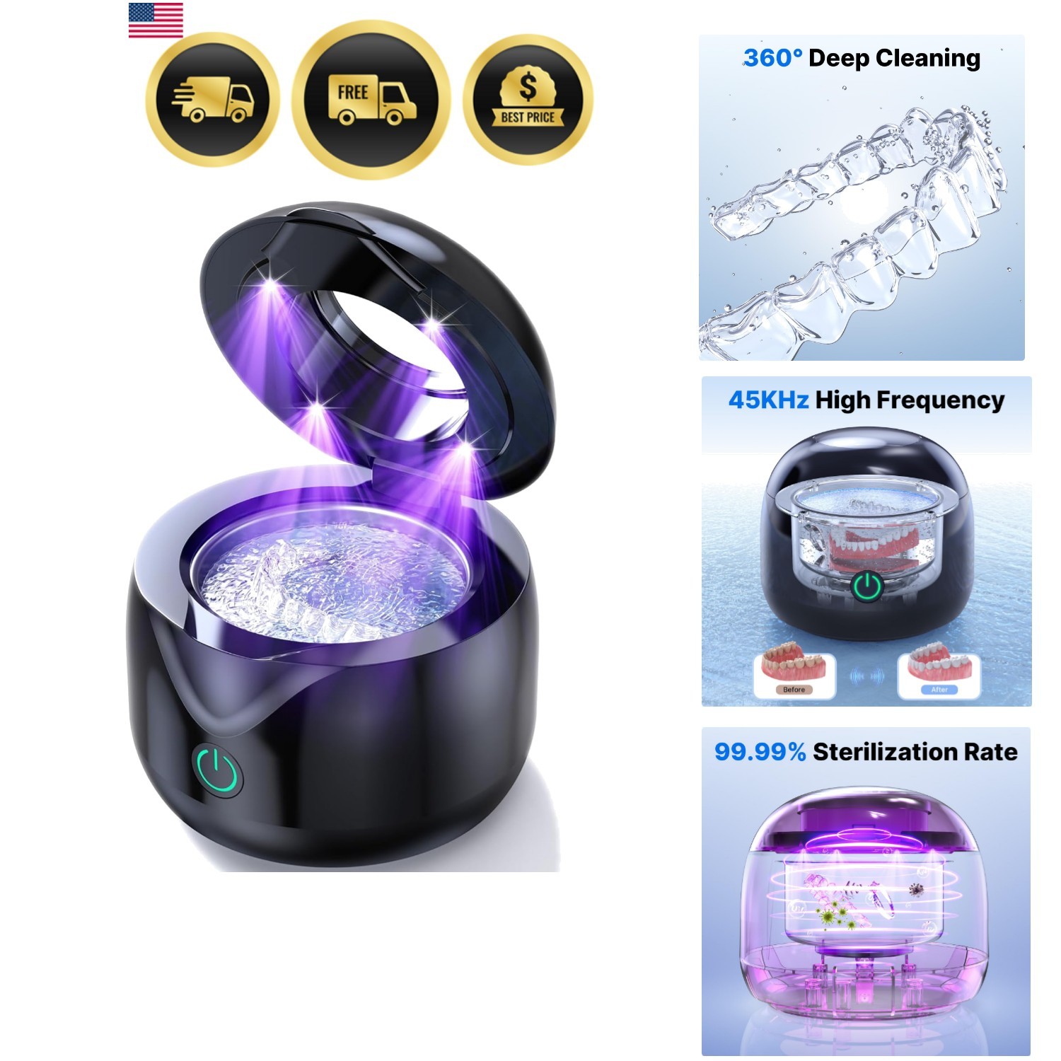 Ultrasonic Retainer Cleaner - UV Dental Cleaning Pod Night Guard Cleaner for ...