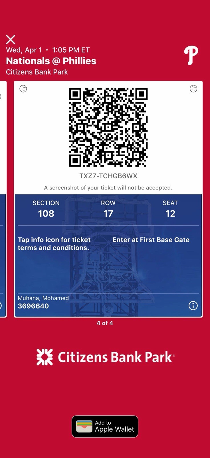 Nationals vs Phillies Tickets, Citizens Bank Park Sec 108, Apr 1, 1:05 PM