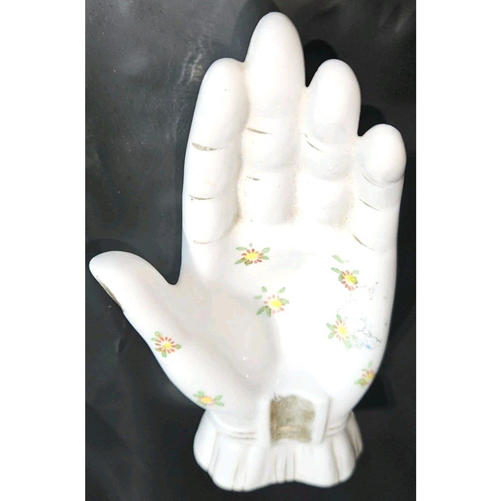 Mid Century White Hand Painted Dot Tattoo Floral Ashtray/Trinket Bowl Porcelain