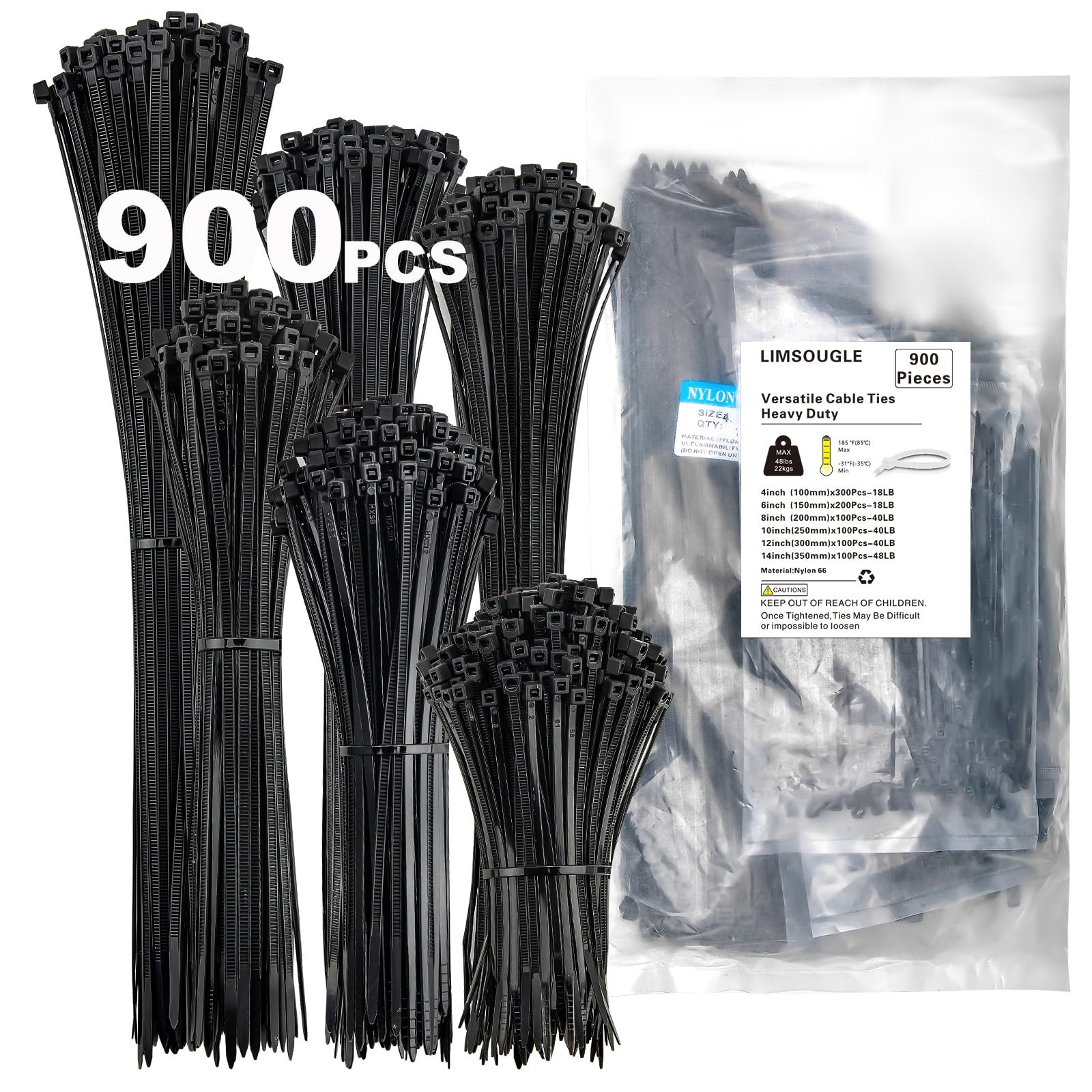 Zip Ties Assorted Sizes(14+12+10+8+6+4 Inch), 900 Pcs Black zip Ties for Home...