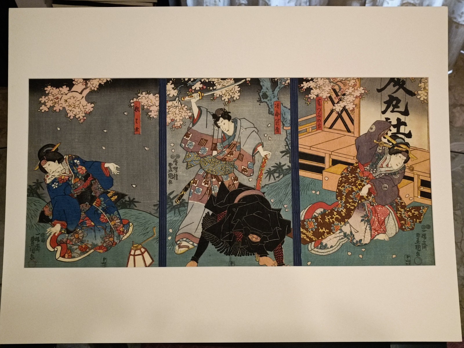 Japanese Color Woodcut Print (Ukiyo-e). 1852 Kunisada Triptych Ca.