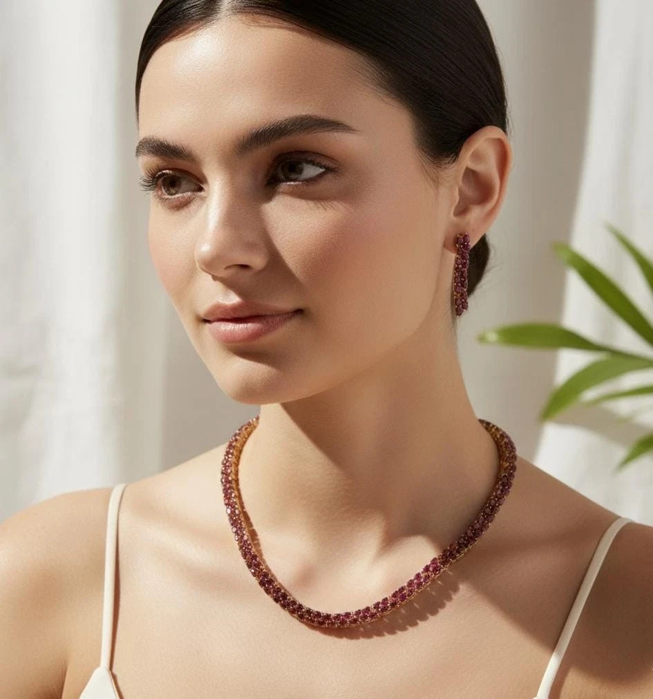 32Ct Pear Lab-Created Ruby Women's Tennis Necklace 14K Yellow Gold Plated 18"