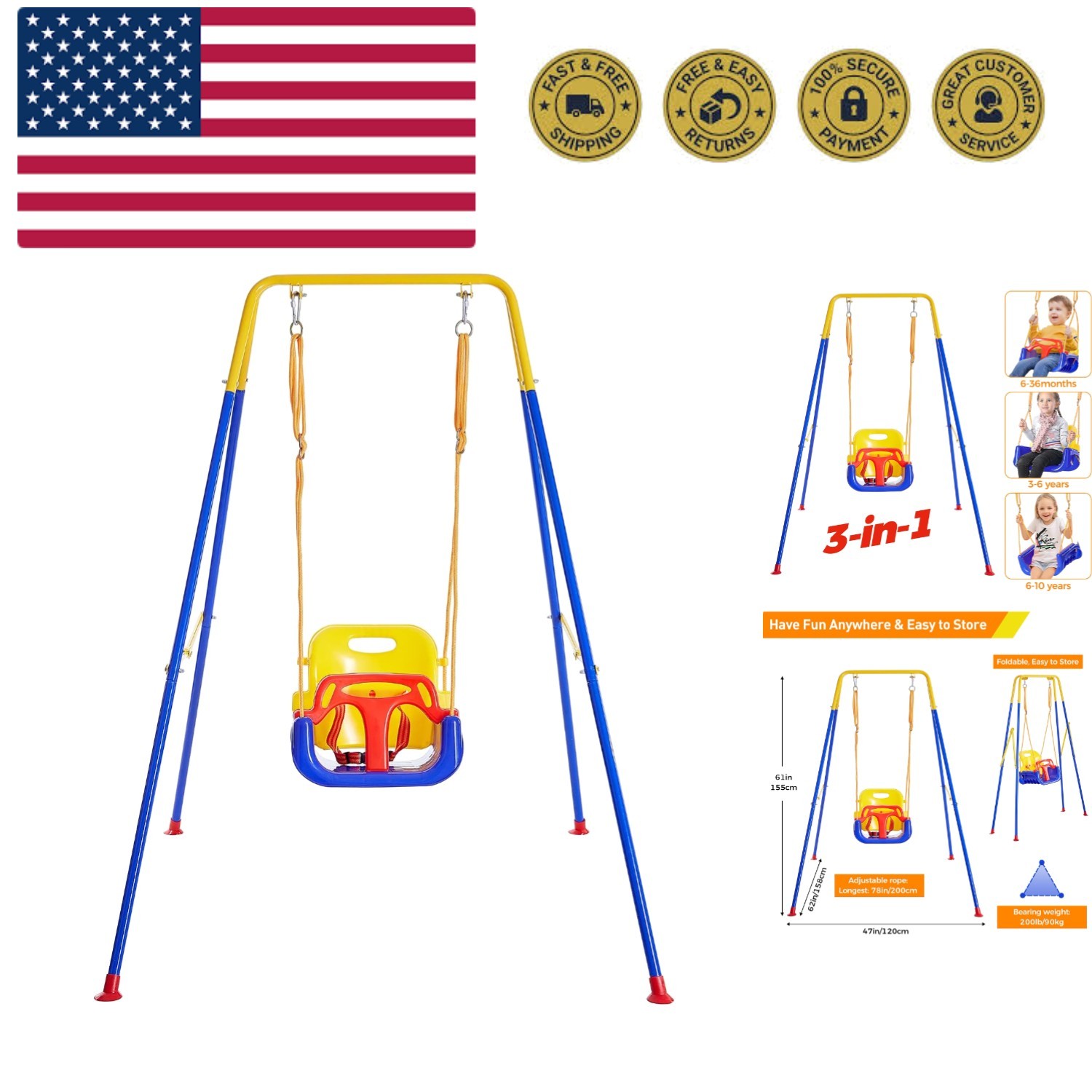 Toddler Swing with Foldable Metal Stand for Toddlers Aged 1~10 , 3-in-1 Baby ...