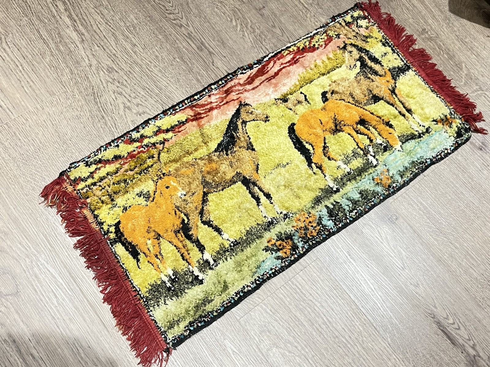 Vintage 60s Velvet Tapestry Horses Rug, Wall Hanging carpet