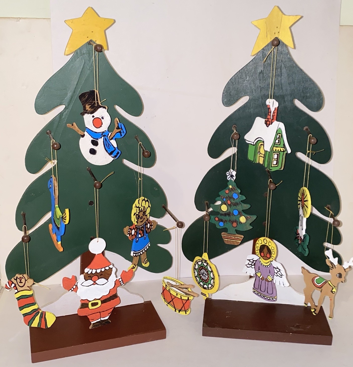 2 Wood Tabletop Christmas Trees & Includes 13 Double Sided Flat Wood Ornaments