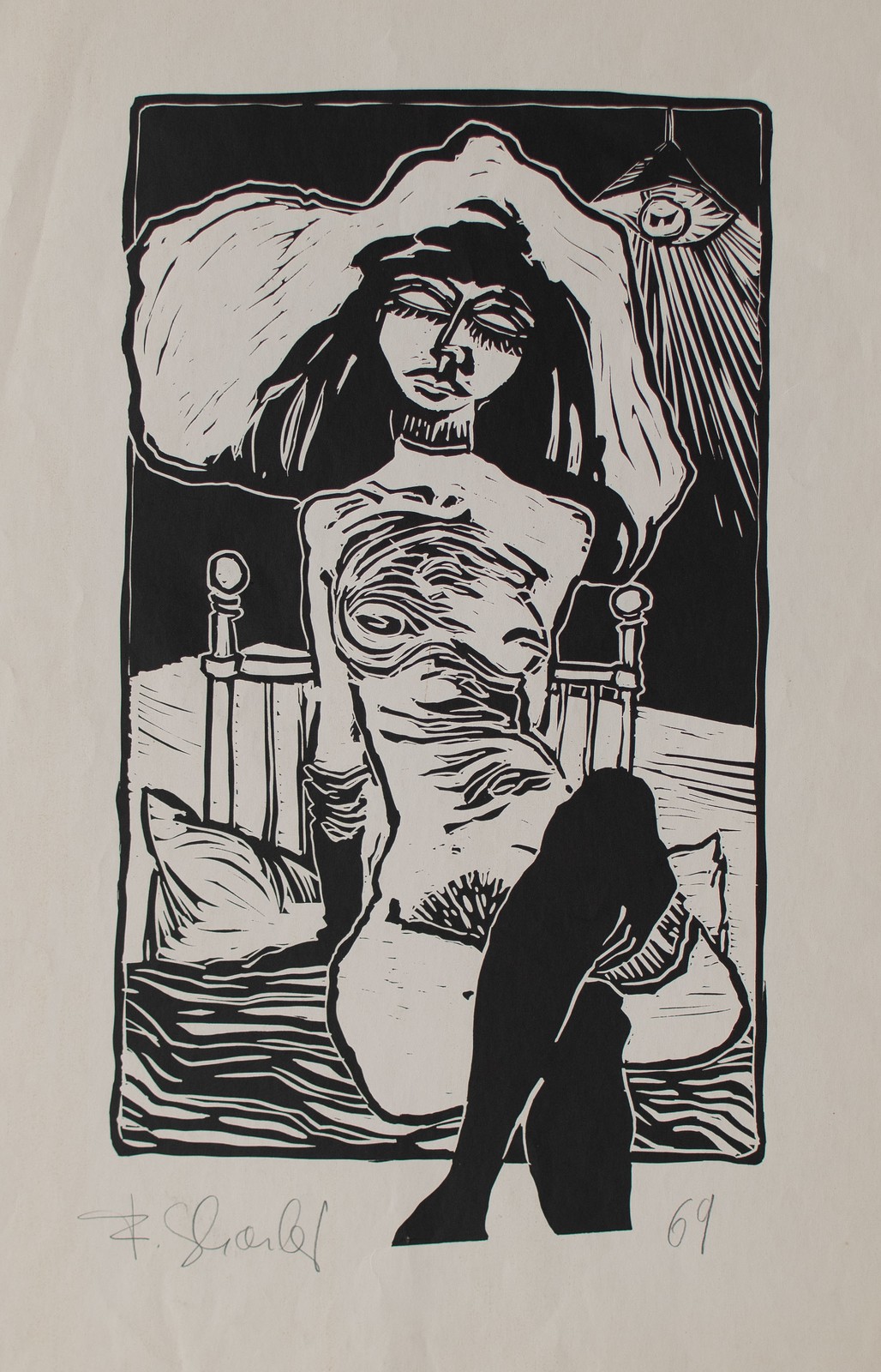 Female nude erotic illegible signed woodcut 1969