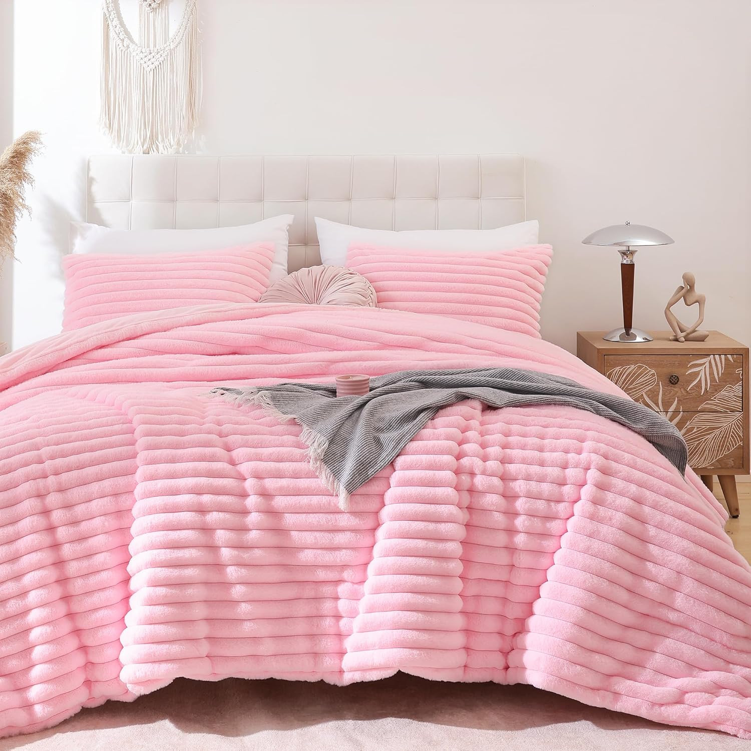 Fluffy Full Size Comforter Sets 3 Pieces - Pink Fleece Fluffy Comforter Set, Lux