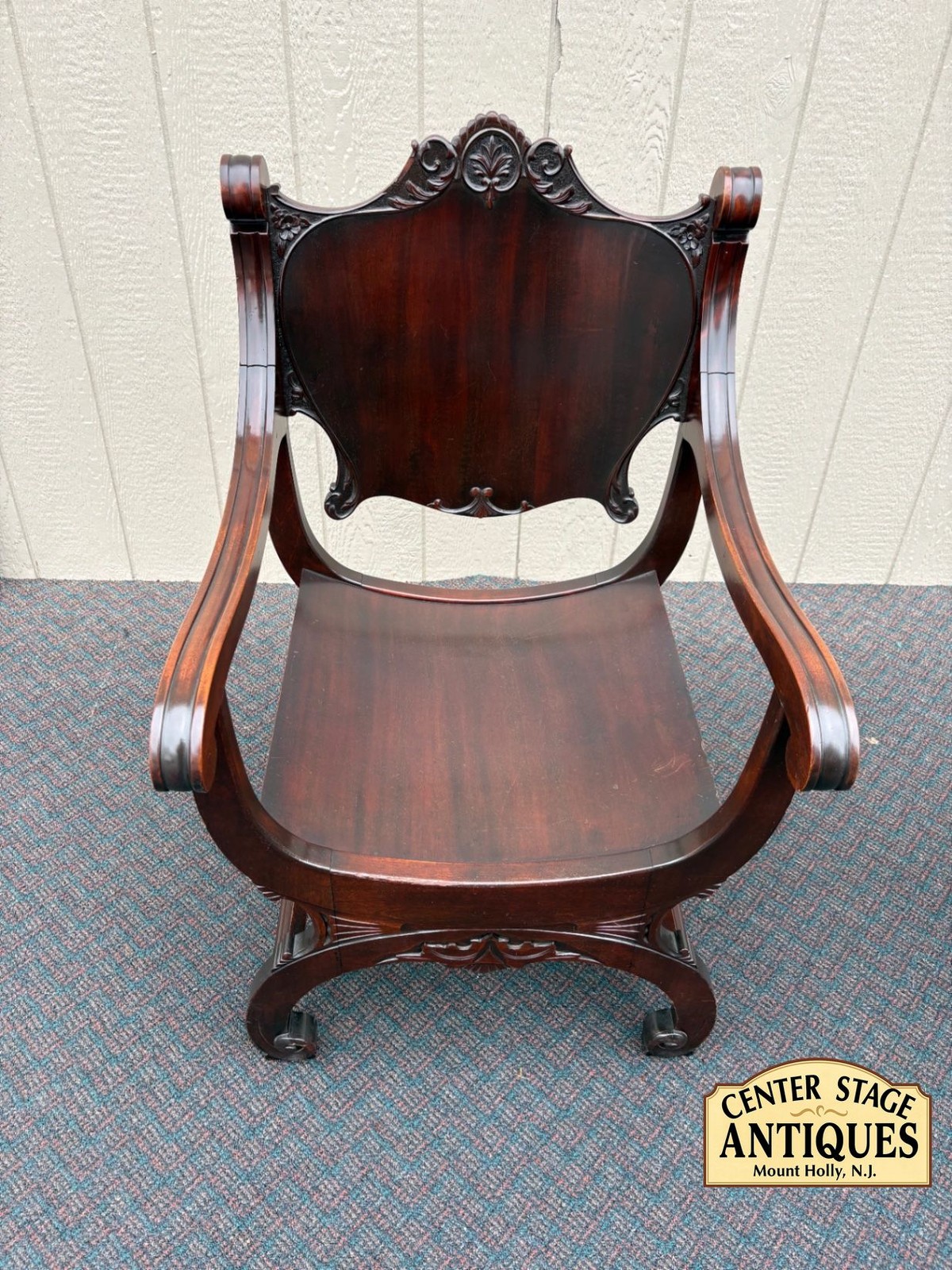 67539 Antique Empire Mahogany U-Back Chair with Ornate Carvings