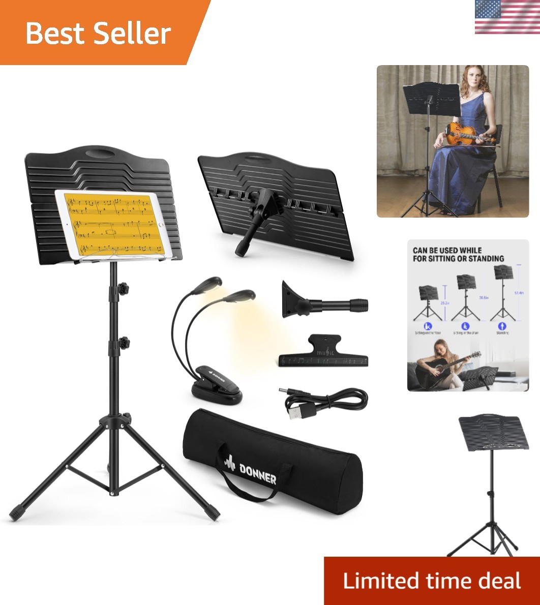 Foldable Music Stand with Light and Accessories - Versatile for Stage or Studio