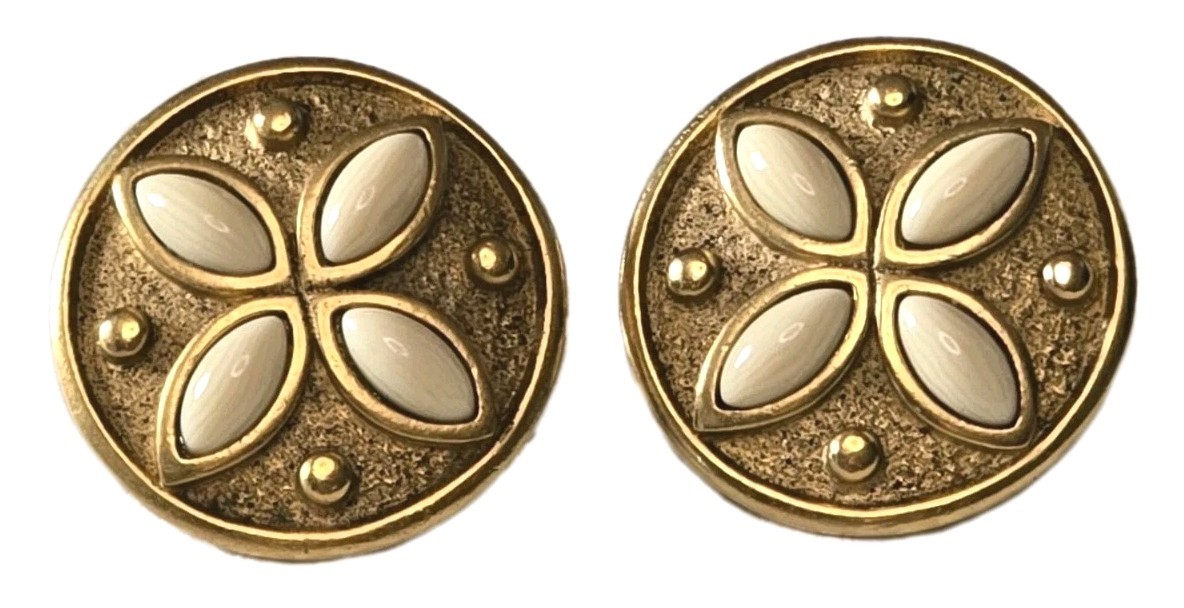 NAPIER MODERNIST IVORY MARQUISE SET IN GOLD-PLATED ROUND CLIP-ON EARRINGS☆1.25"