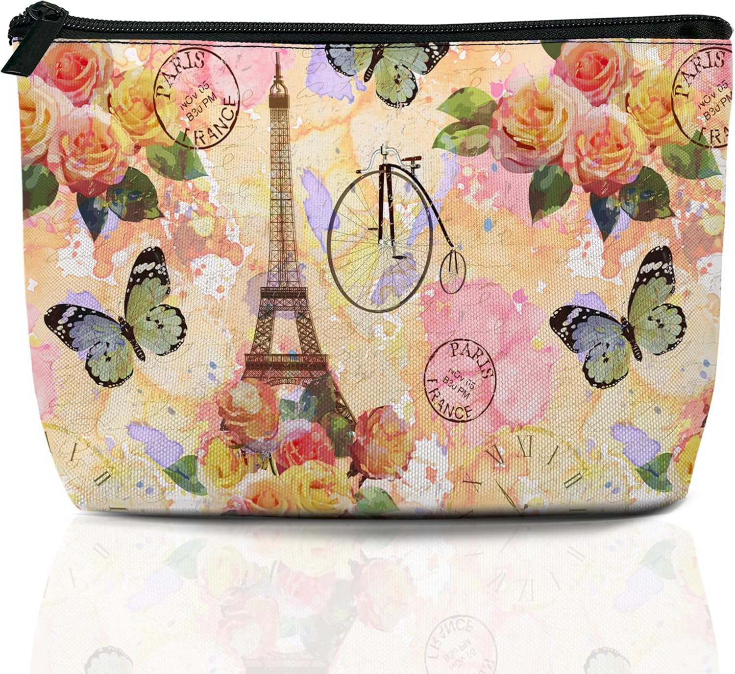Vintage Paris Tower Makeup Bag Travel Cosmetic Bag for Women,Rose Flowers Small 