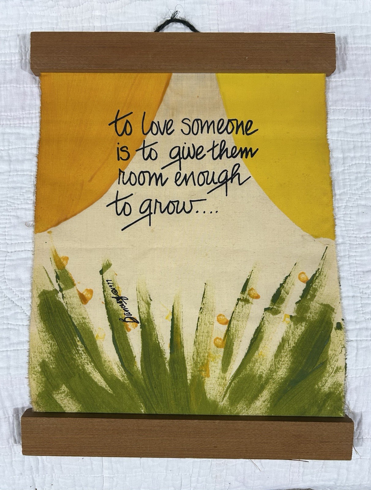 VTG MCM Wall Art Painted Canvas Scroll Flowers Love Quote 11"x16"