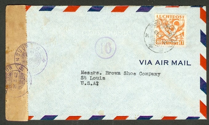 SURINAM 1942 CENSORED AIRMAIL TO USA
