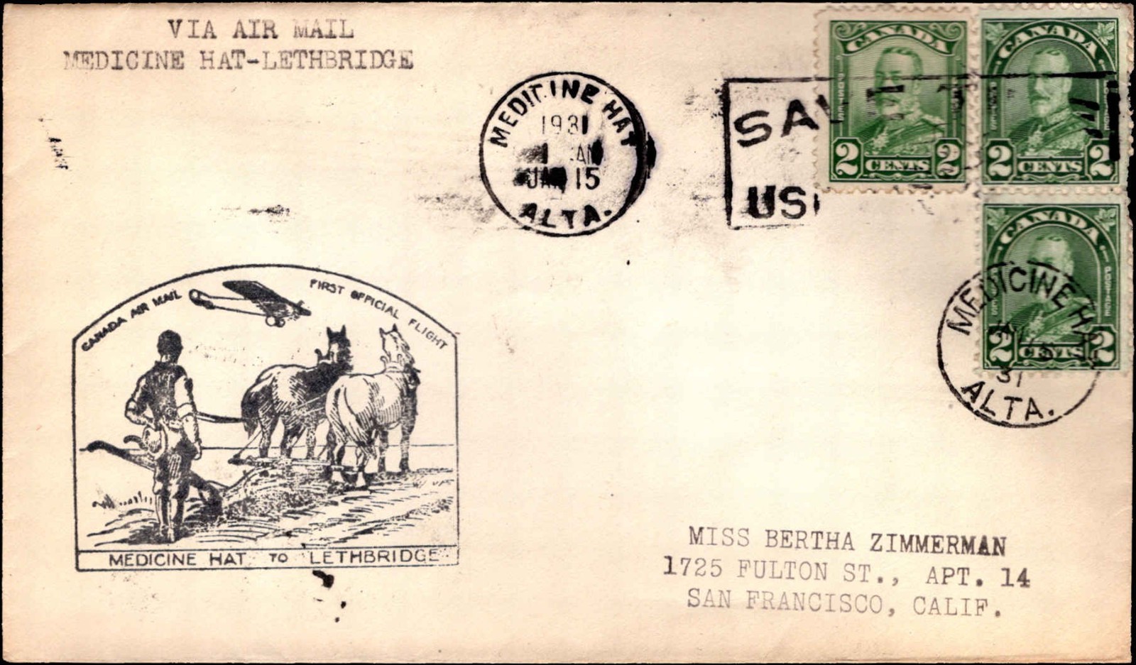 Canada 1931 Medicine Hat–Lethbridge First Official Flight Airmail Cover