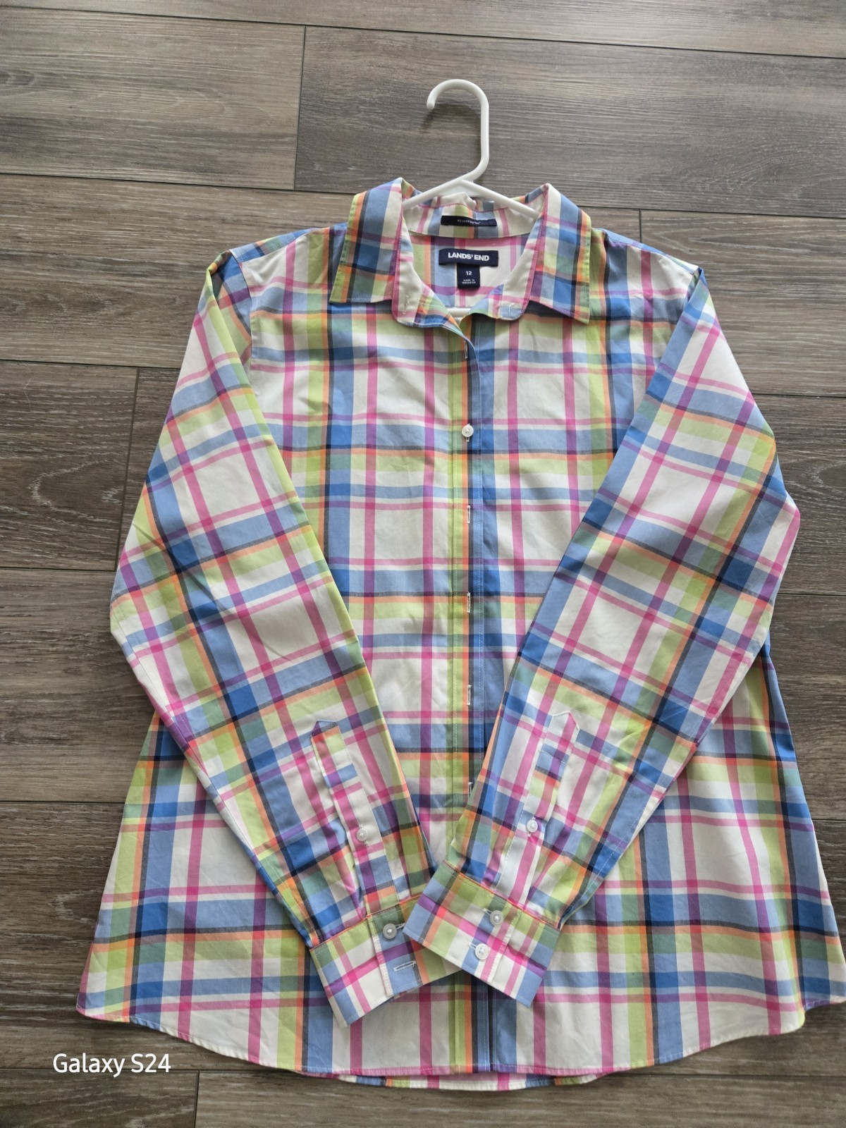 Womens Lands End - Size 12  No Iron Supima LS Button Down Pastel Plaid Shirt