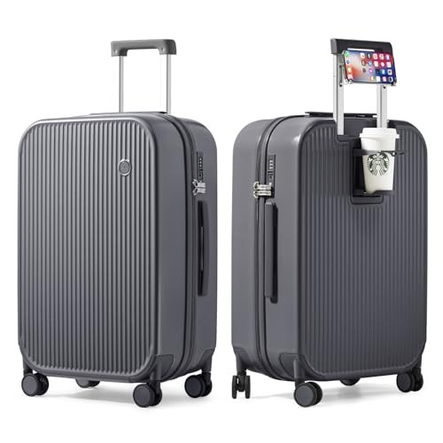 Checked Luggage with Cup Phone Holder Hard Shell Rolling 24-inch Rock Gray