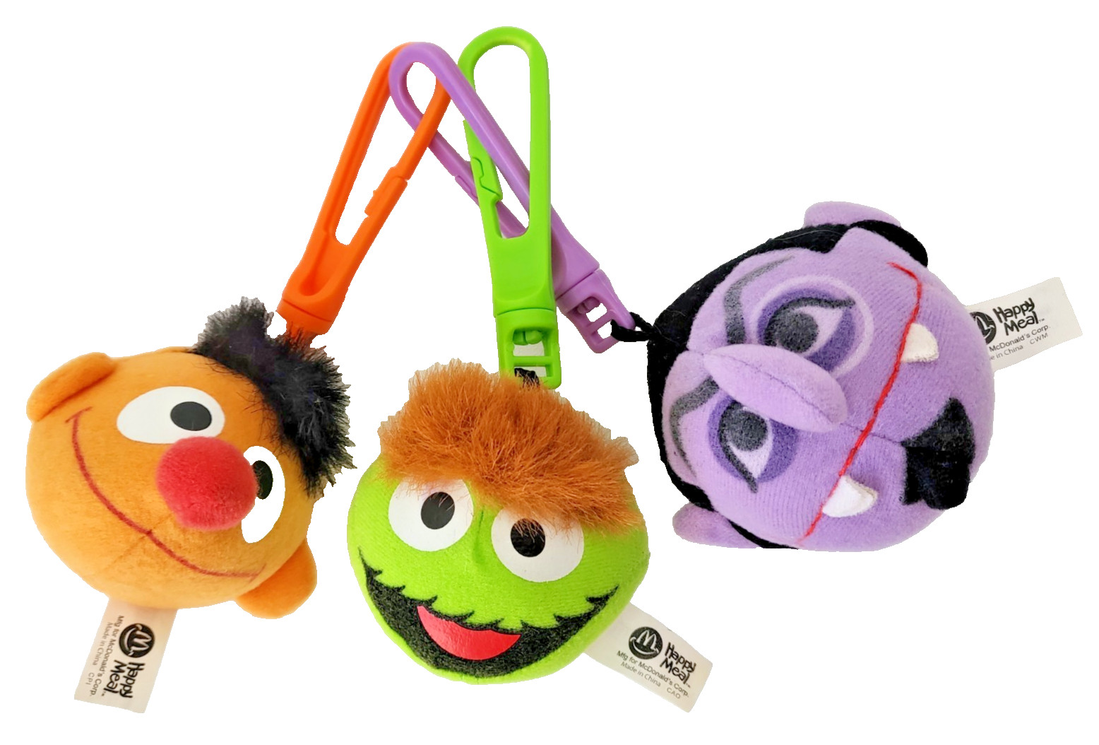Sesame Street McDonalds 2003 LOT x 3 Plush Bag Clips Ernie Oscar Grouch Count 6"