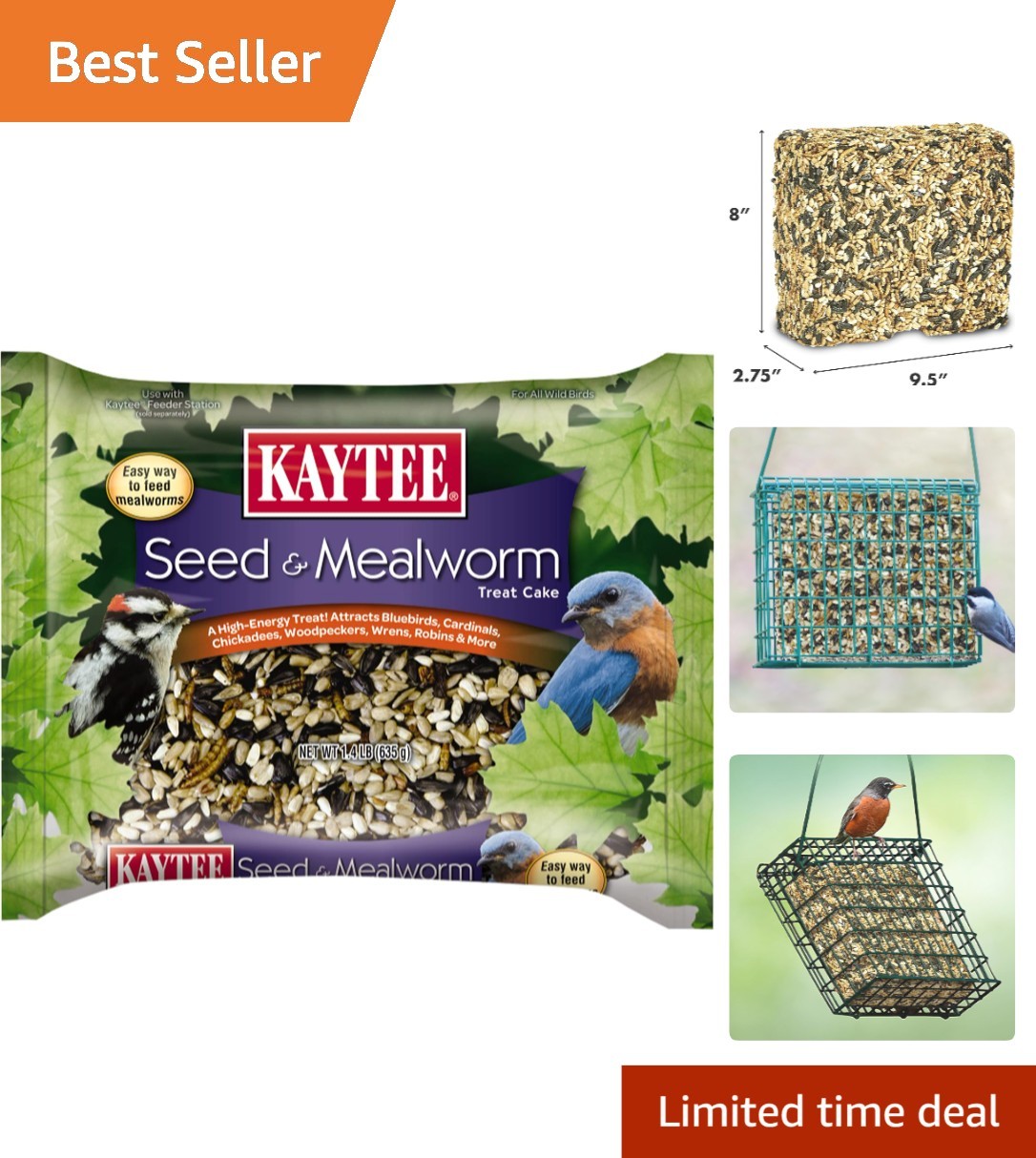 High-Protein Wild Bird Seed & Mealworm Cake for Bluebirds & Woodpeckers, 1.4 lb