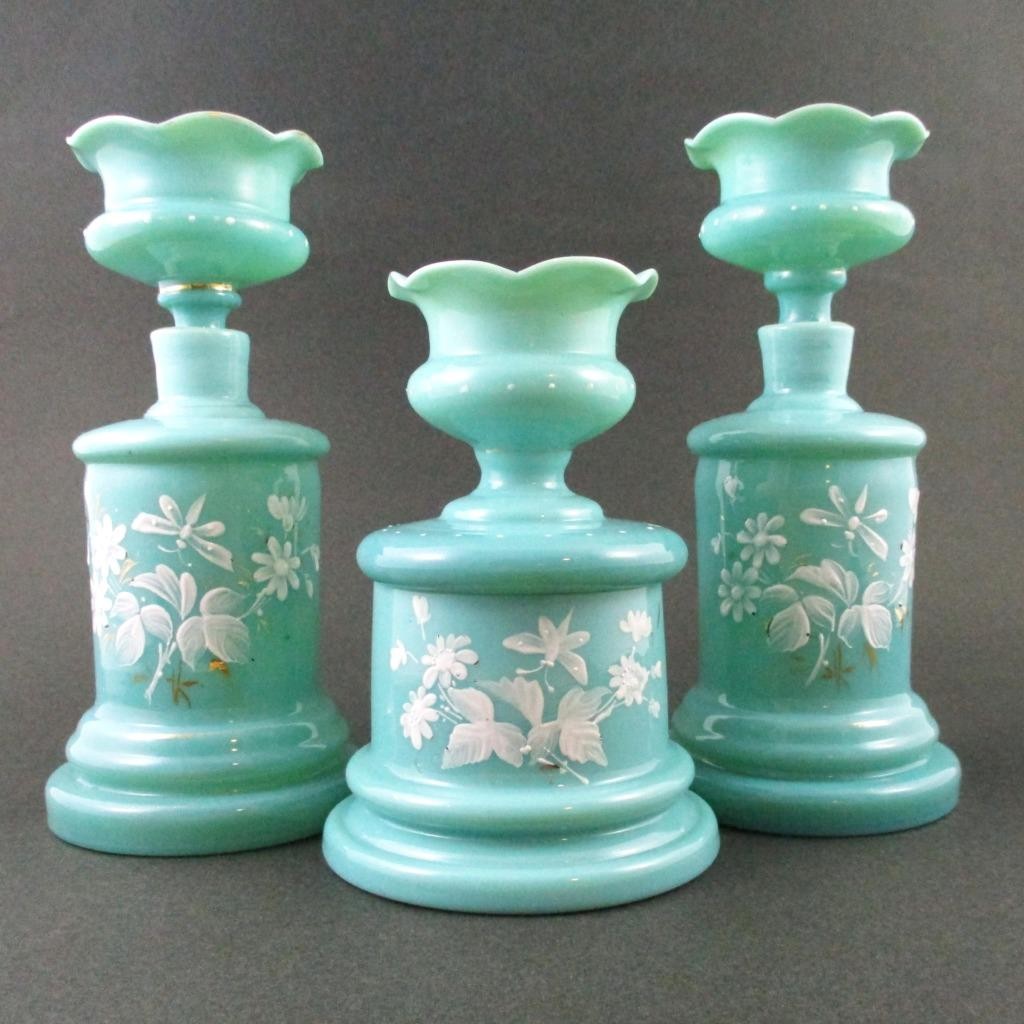 Antique BRISTOL glass VANITY SET hp Enamel DRAGONFLY Cologne Bottles, Powder Jar
