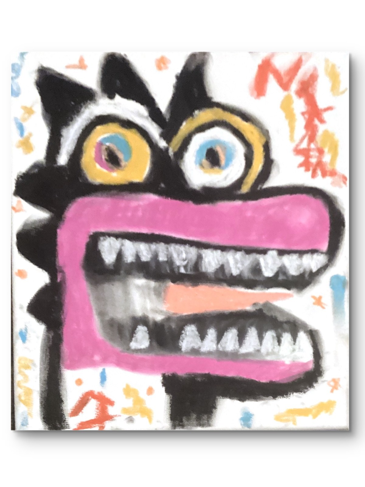 Basquiat Style Graffiti Abstract Art Dino Original Oil Pastel 11 by 14 on Canvas