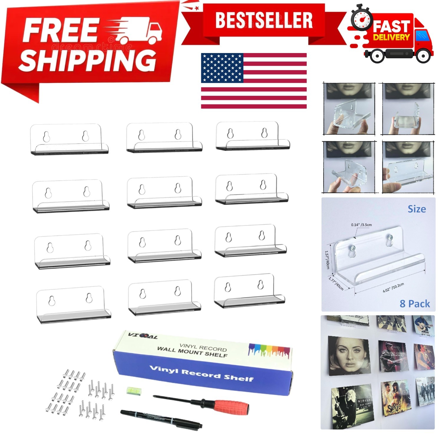 12 Pack 4 Inch Vinyl Record Shelf Wall Mount,Vinyl Record Shelf,Record Shelve...