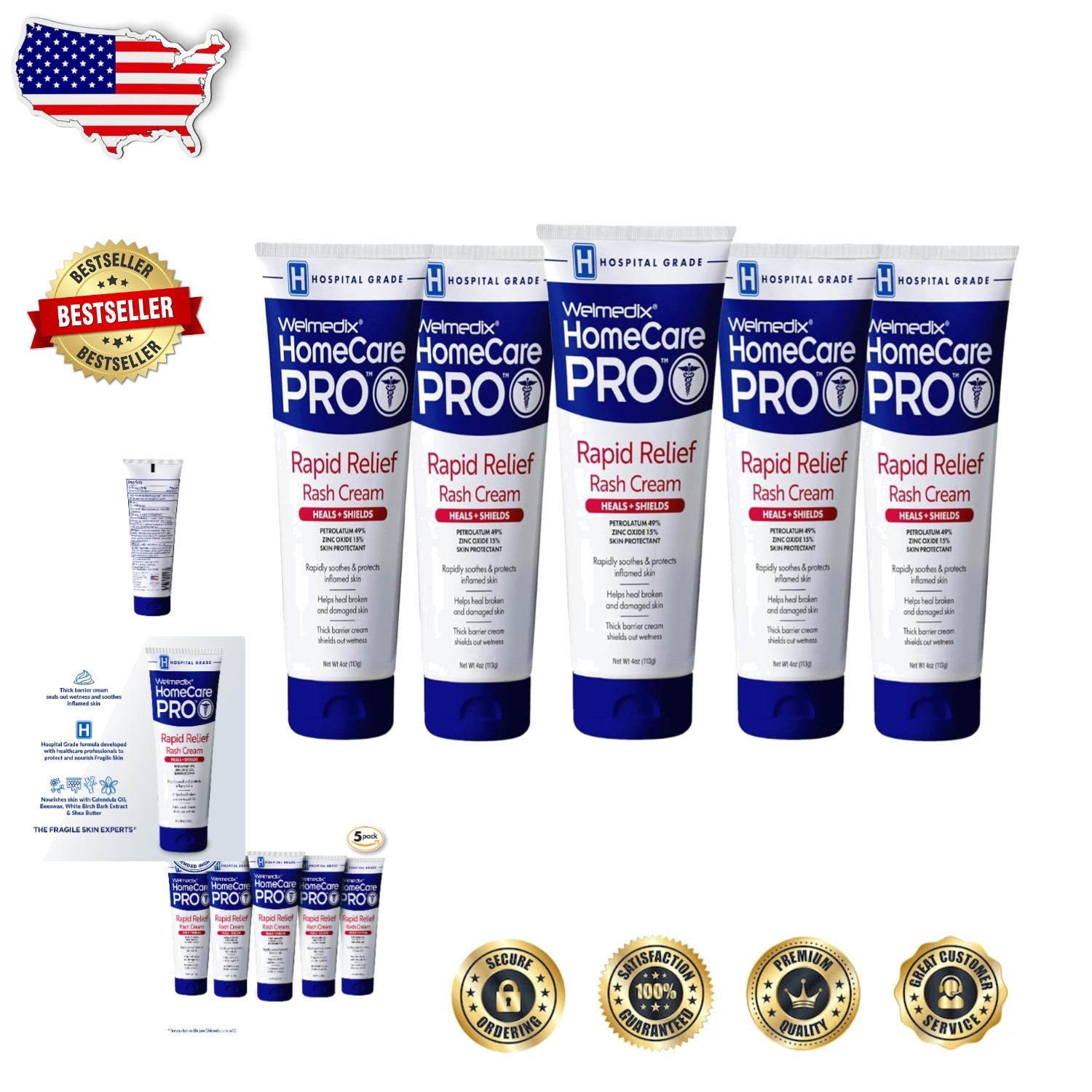 Hospital Grade Diaper Rash Cream 4oz 5pk Zinc Oxide Petrolatum Fragile Skin