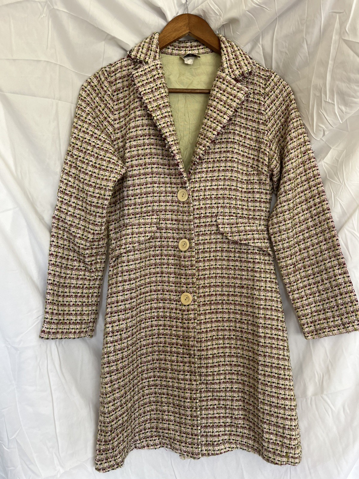 Multicolor Tweed Jacket Pink Cream Green Maroon Open-Front Blazer Size S VTG