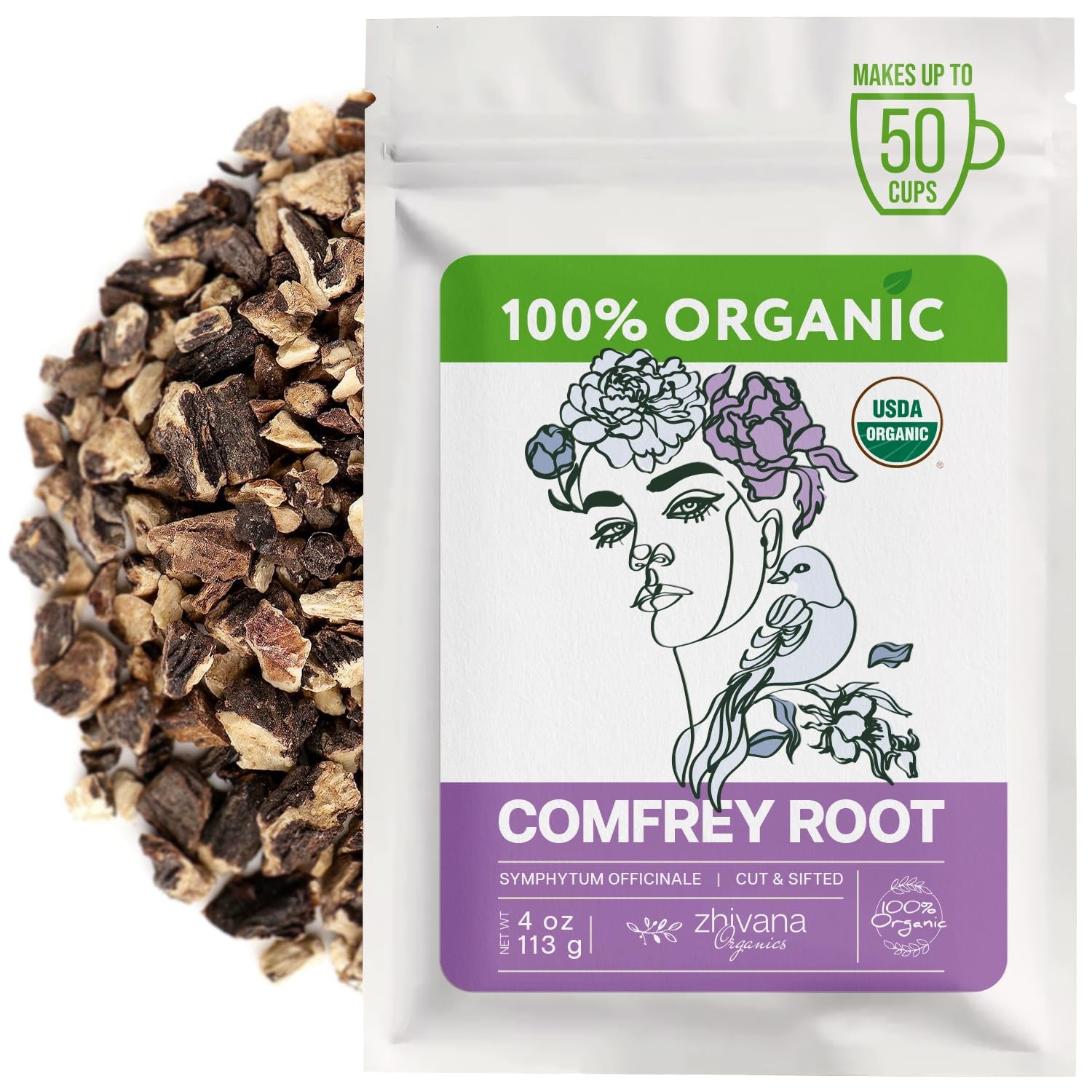Zhivana Organics Organic Comfrey Root (4 oz.) for Skin, 4 Ounce (Pack of 1) 