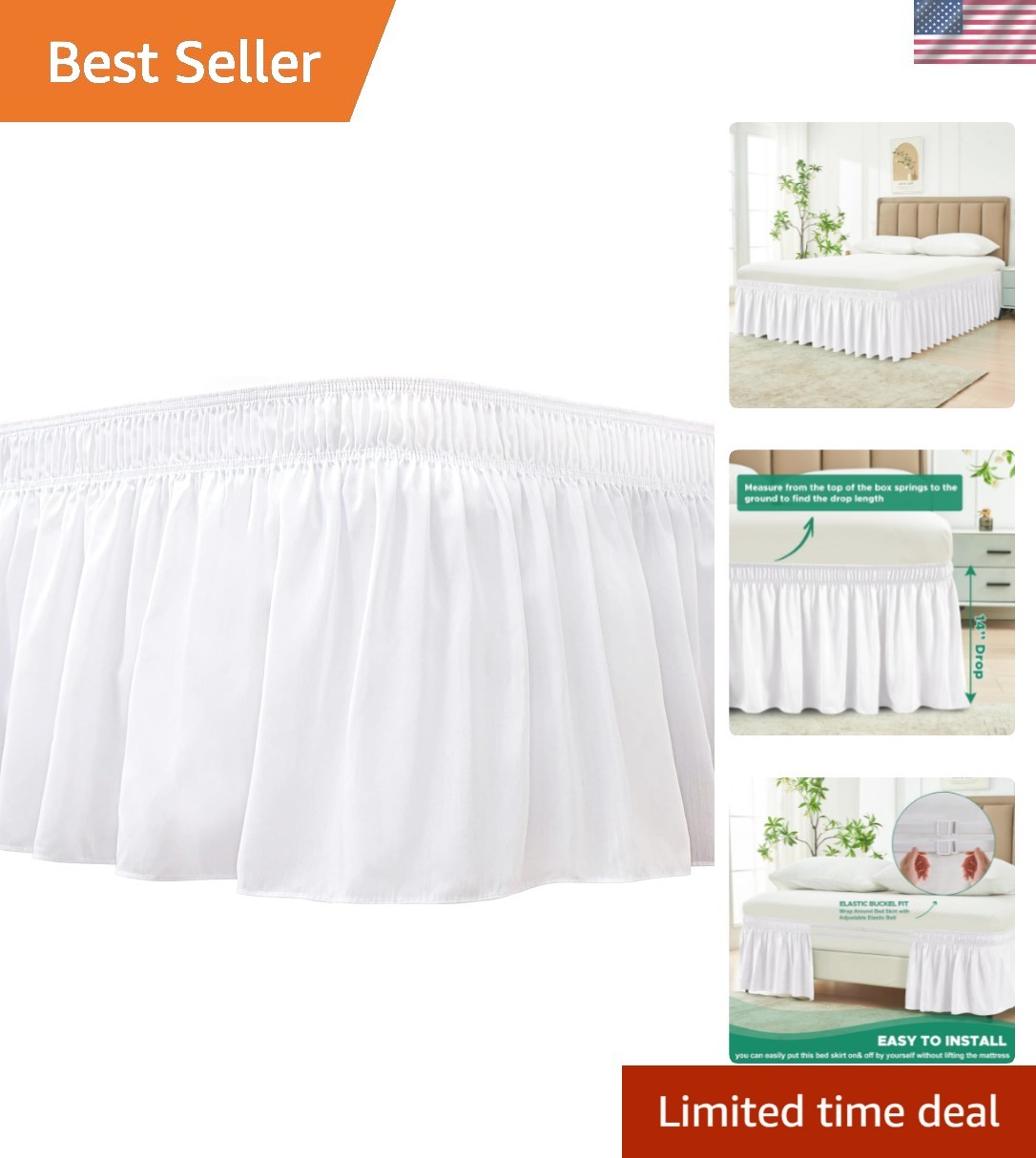 Wrap Around Bed Skirts for Queen Beds 14" Drop, White Adjustable Elastic Dust...