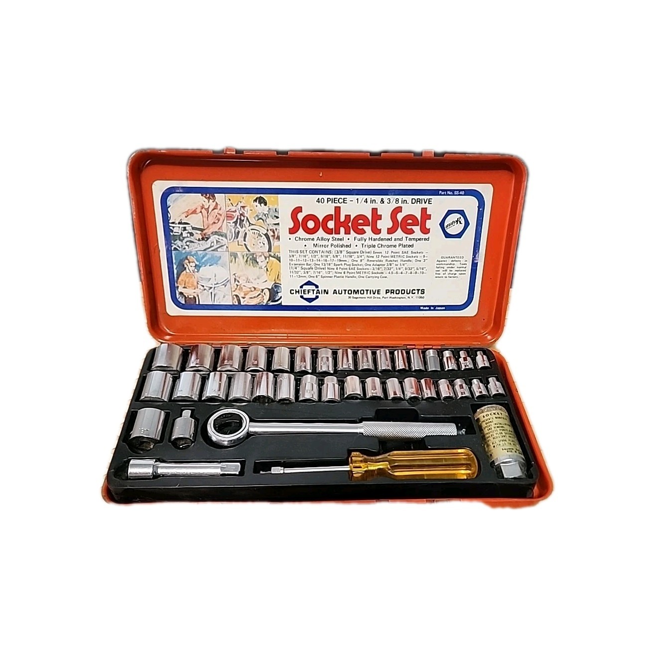 Vintage 40 Piece Chieftain Auto Socket Wrench Set Metal Case 1/4 & 3/8" Drive