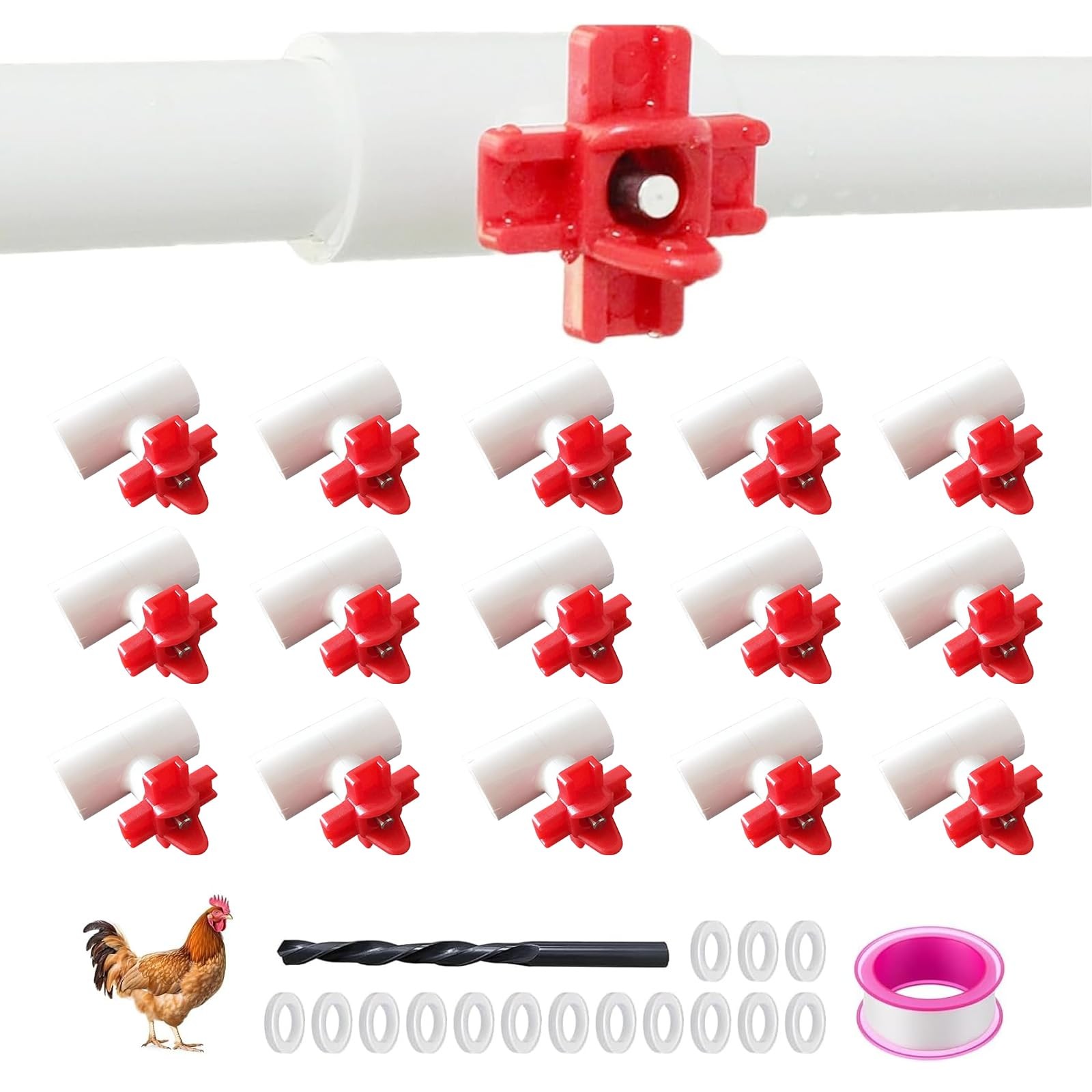 15 Pack Chicken Nipples Waterer with 1/2 Inch PVC Tee Fittings for Ducks Quail