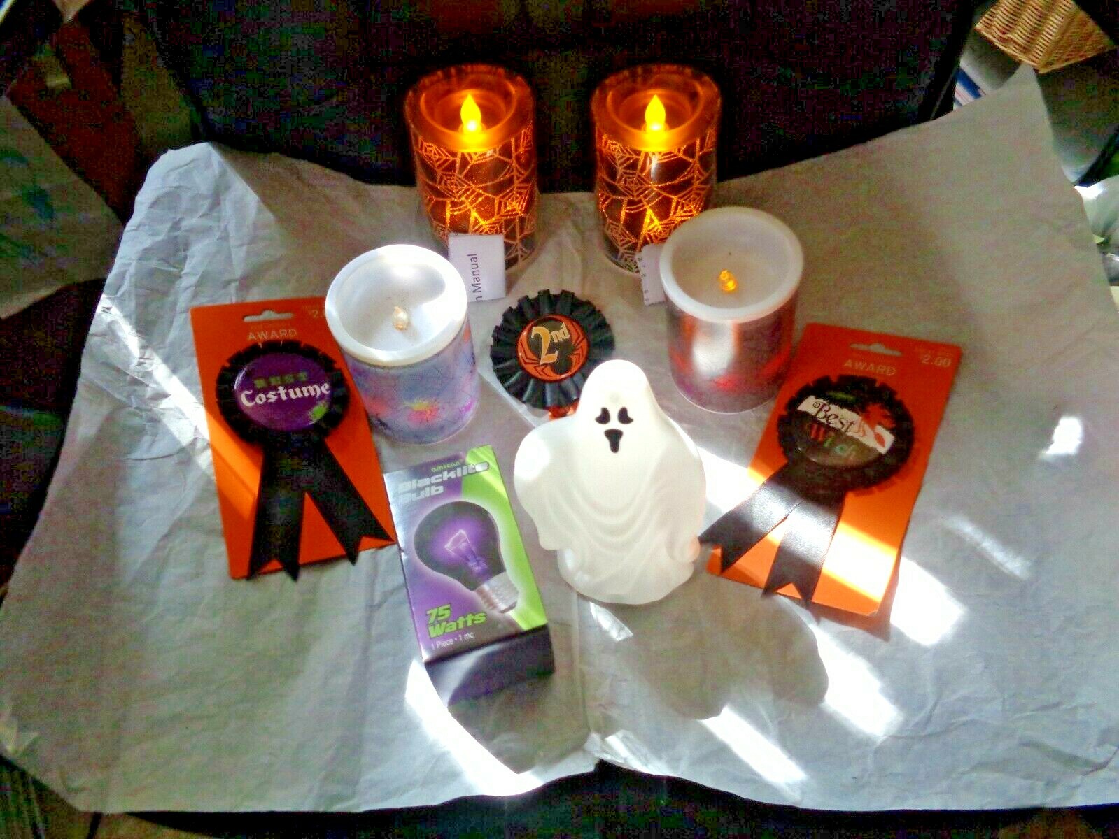 9 Halloween deco 4 -4" battery candles 3 ribbons 1 scary music ghost 75w bulb