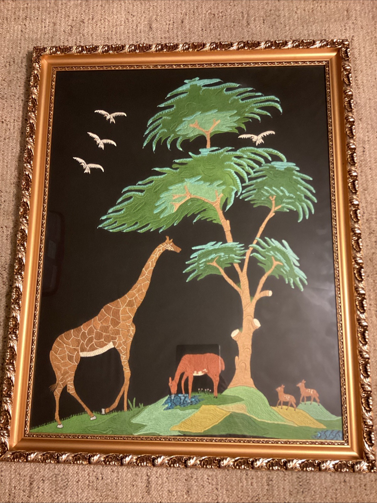 Vtg Hand Embroidered Silk Asian Safari Giraffe Folk Art Framed Artwork 28” X 35”