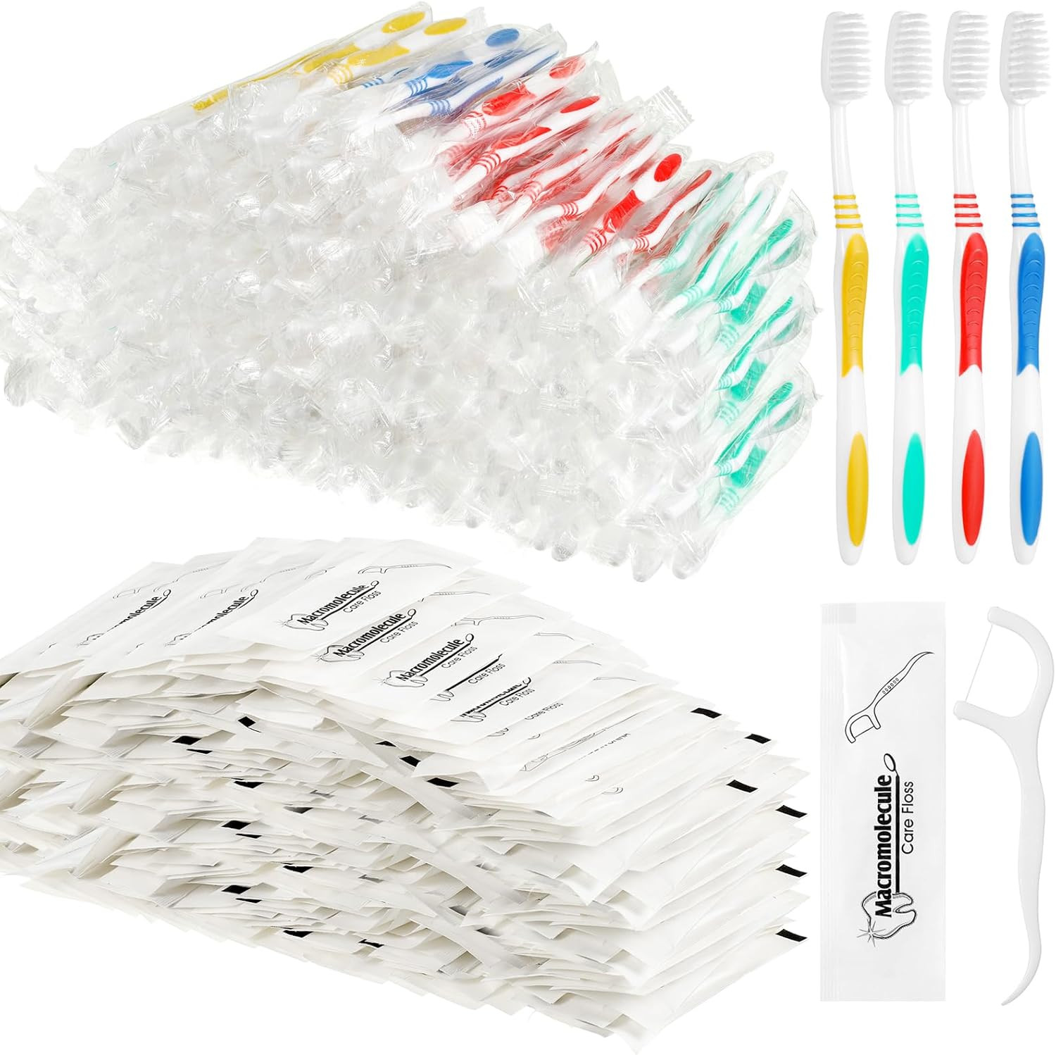 300 Pcs Individually Wrapped Toothbrushes Bulk with Dental Floss Set 100 Soft Br