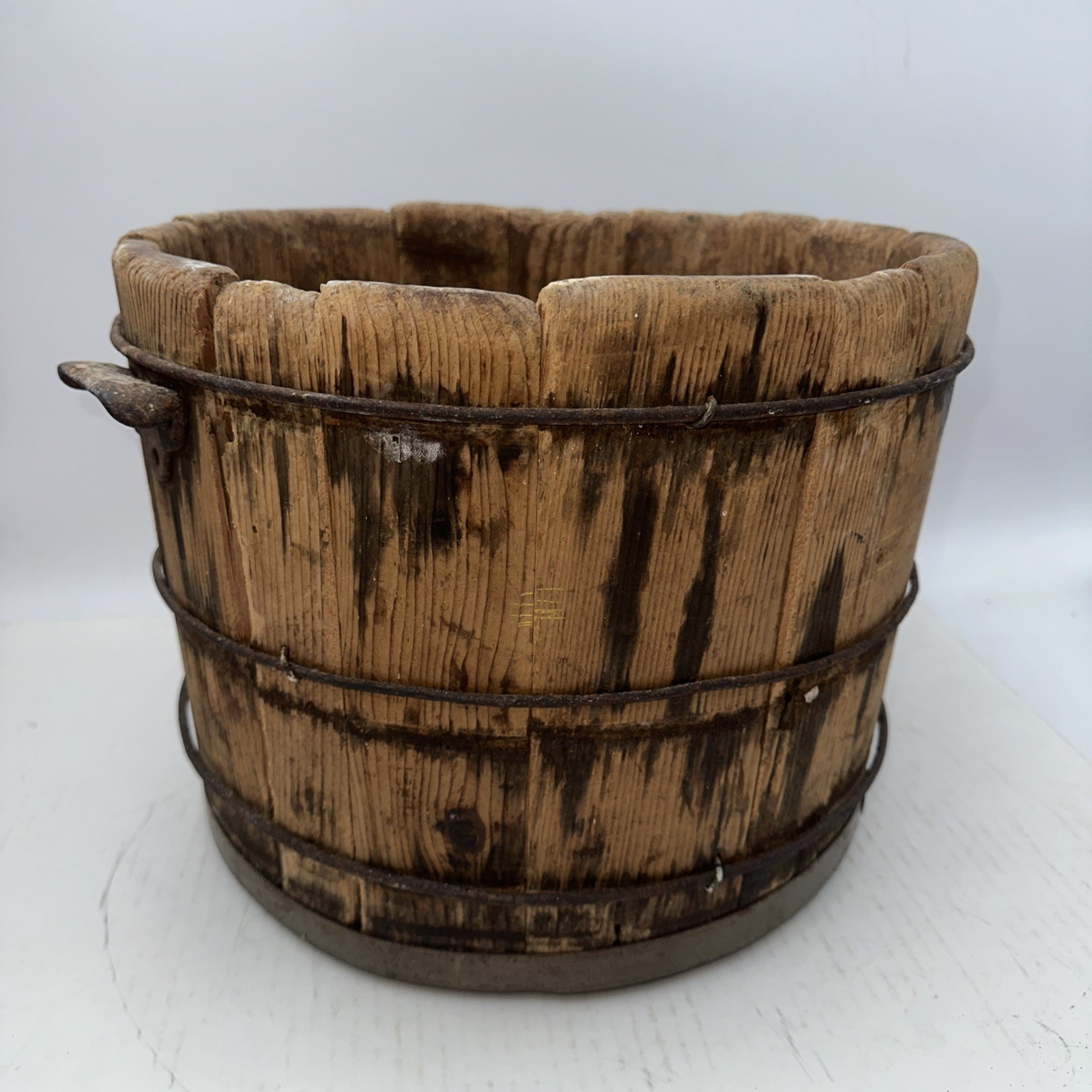 Antique 10 1/2” T Primitive Wood Wire Band Grain Bucket Barrel W/Handles YEC