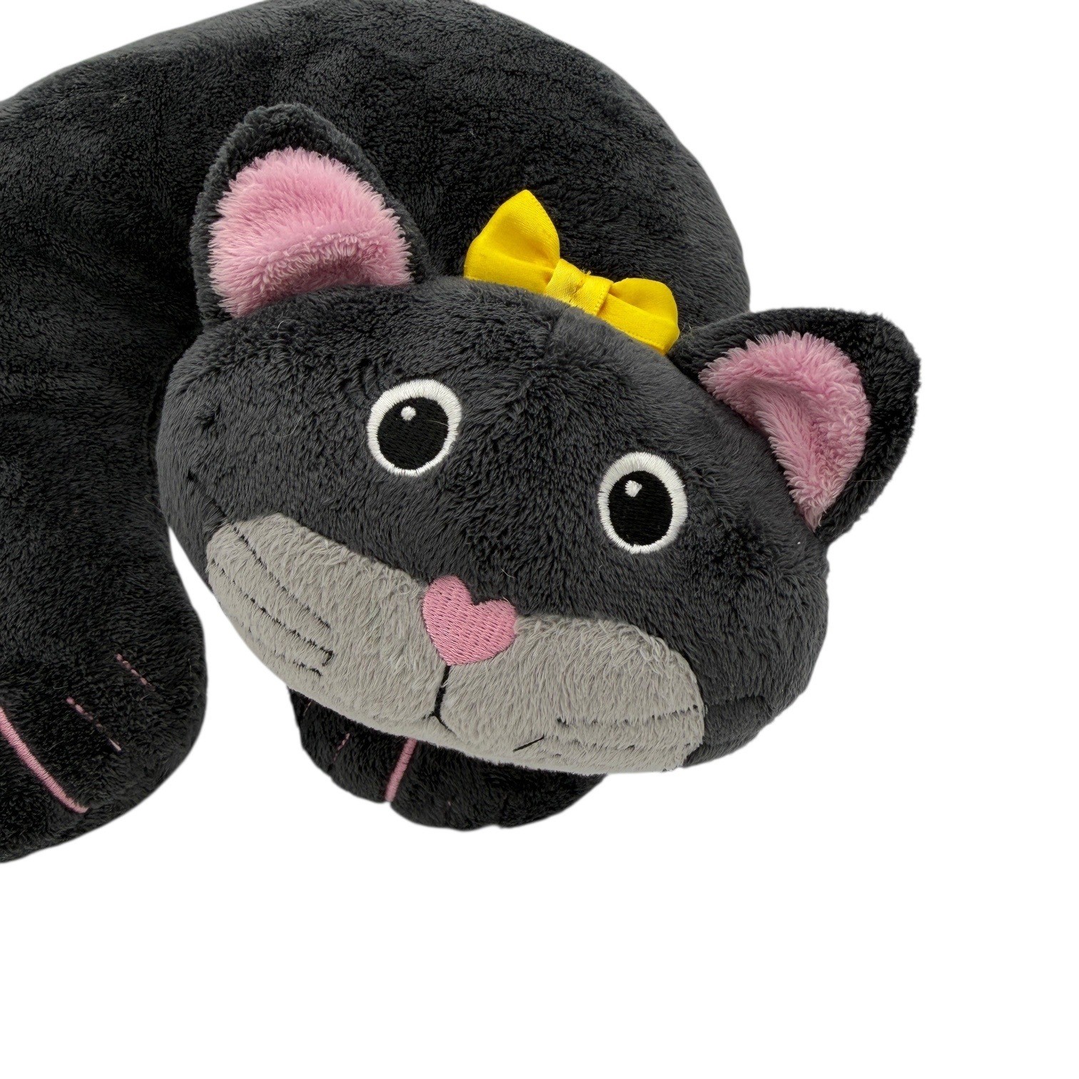 Cute Black Cat Neck Pillow Travel Plush Yellow Bow Pink Ears