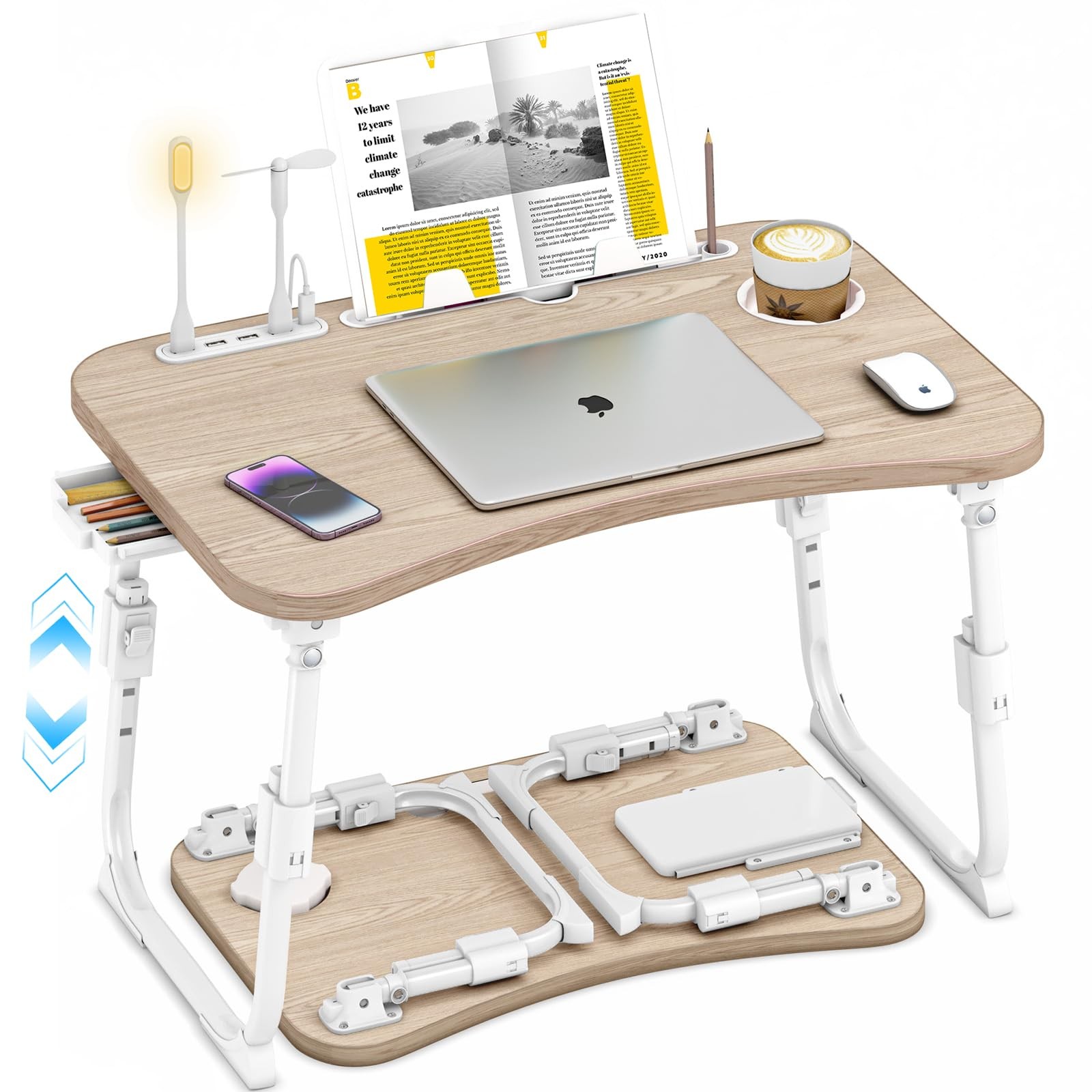 Lap Desk for Bed Adjustable Height, Foldable Table with Storage Glacier 
