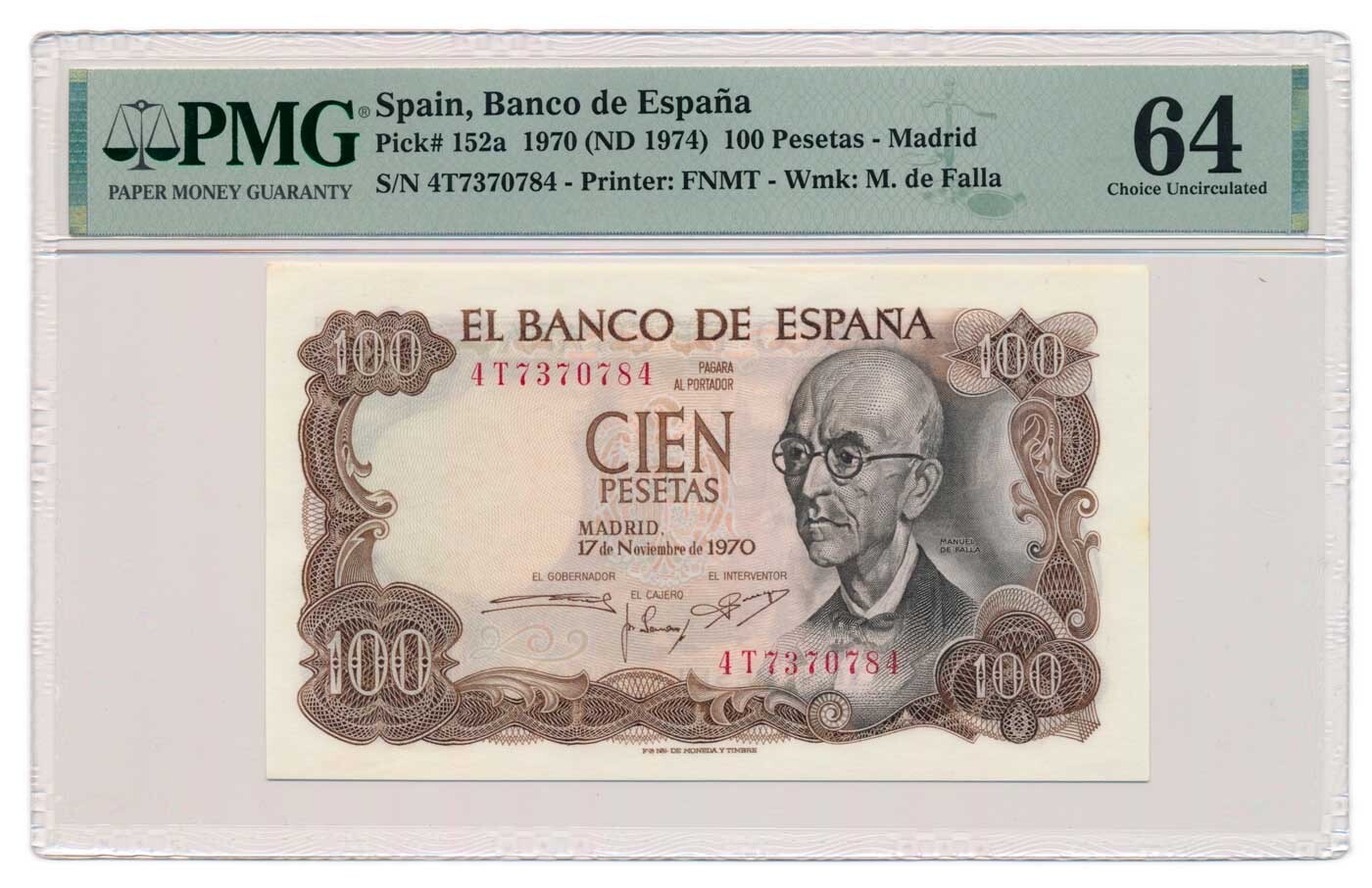 SPAIN banknote 100 Pesetas 1970 PMG MS 64 Choice Uncirculated